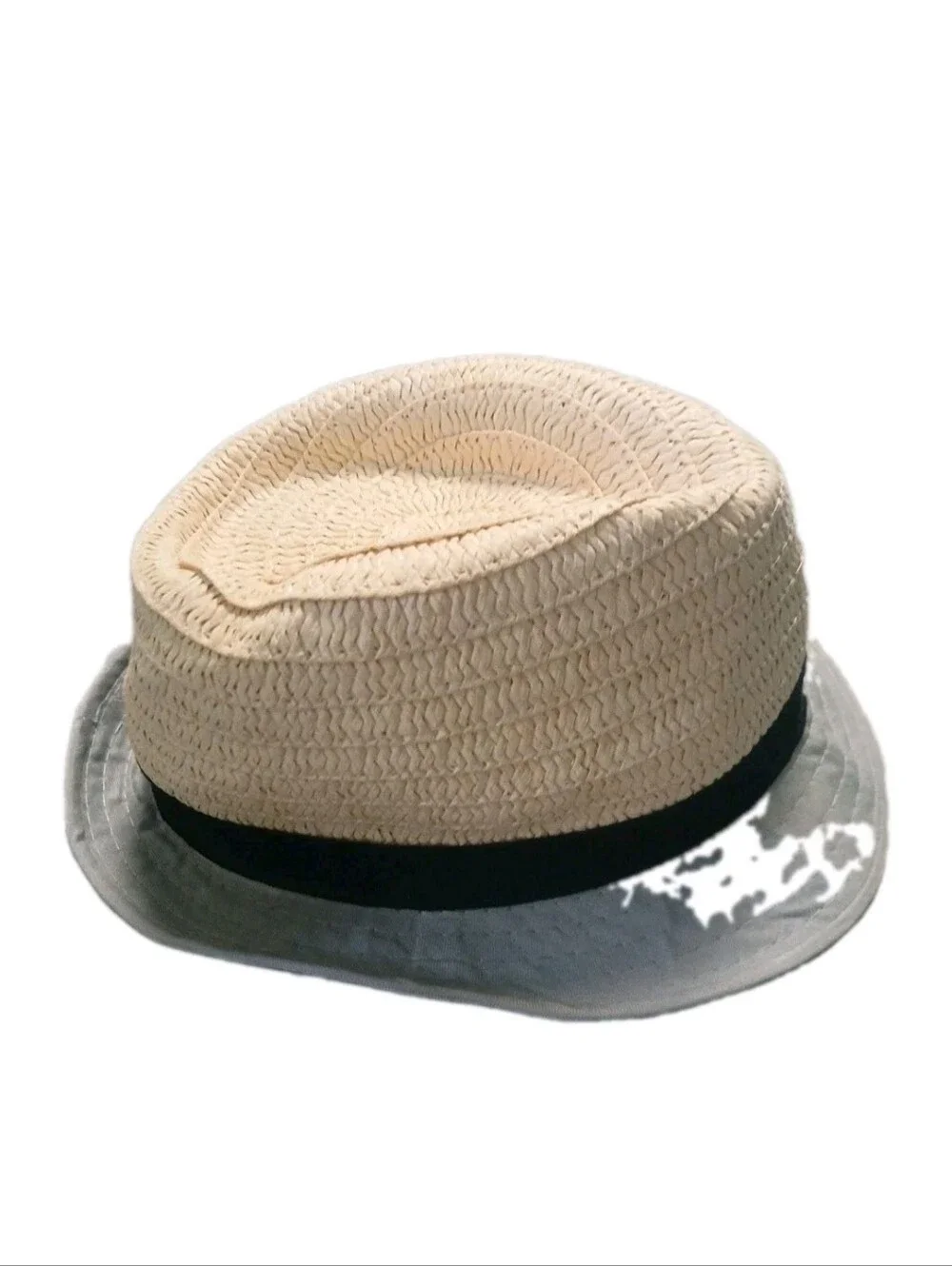 No Brand Tag Childrens Toddler Fidora  Sun Hat Natural with Gray Brim Navy Band